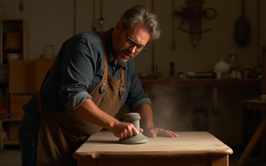 Restorer carefully sanding an antique oak chair in Emerald workshop