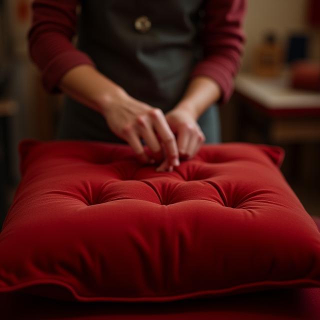Artisan hand-tufting a velvet cushion